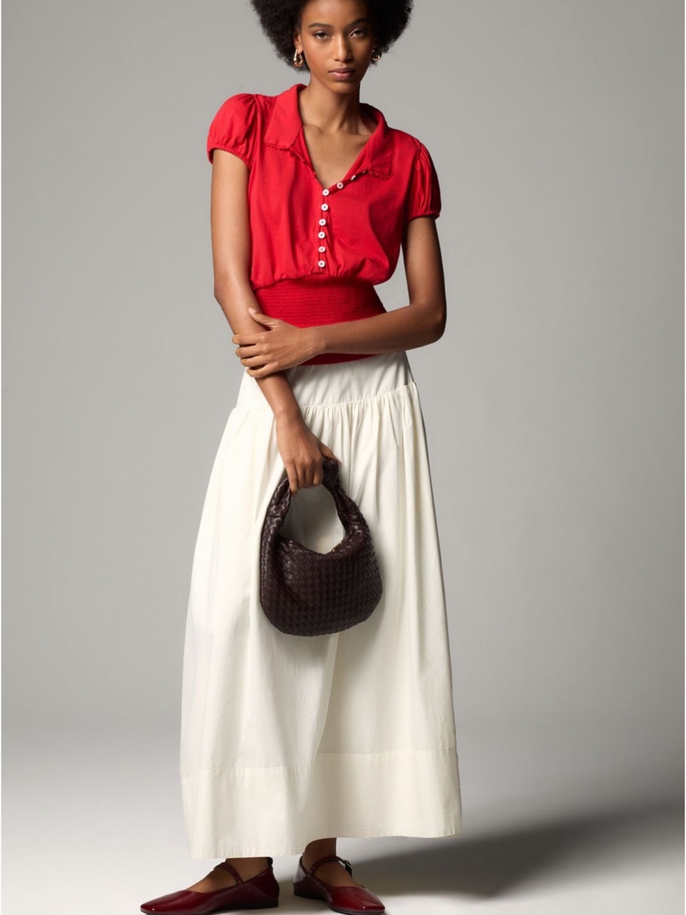 Red Puff-Sleeve Button down Maeve Anthropologie smocked waist top blouse S - Picture 3 of 4